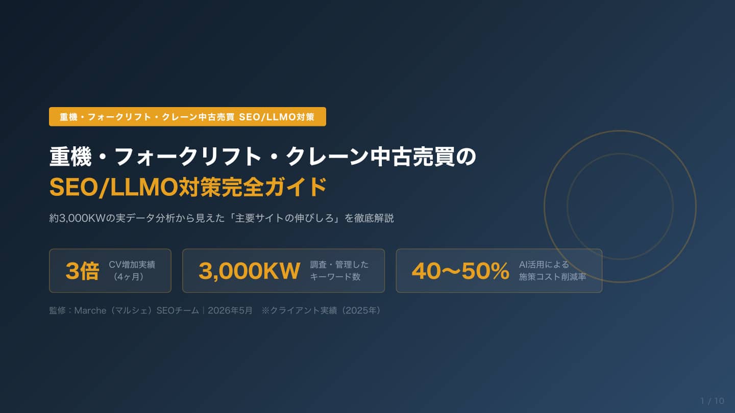重機・フォークリフト・クレーン中古売買サイトのSEO/LLMO・AEO対策完全ガイド｜3〜5語KWとAI検索で次の成長を実現する